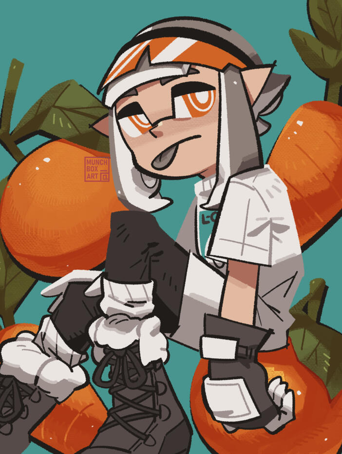 Artwork of my sona (Munch) with tangerines, oranges and Carrots behind them.